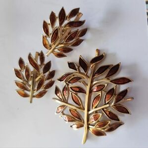 Alfred Philippe CROWN TRIFARI Enamel Leaves Pin Autumn Tree Earrings SET RARE